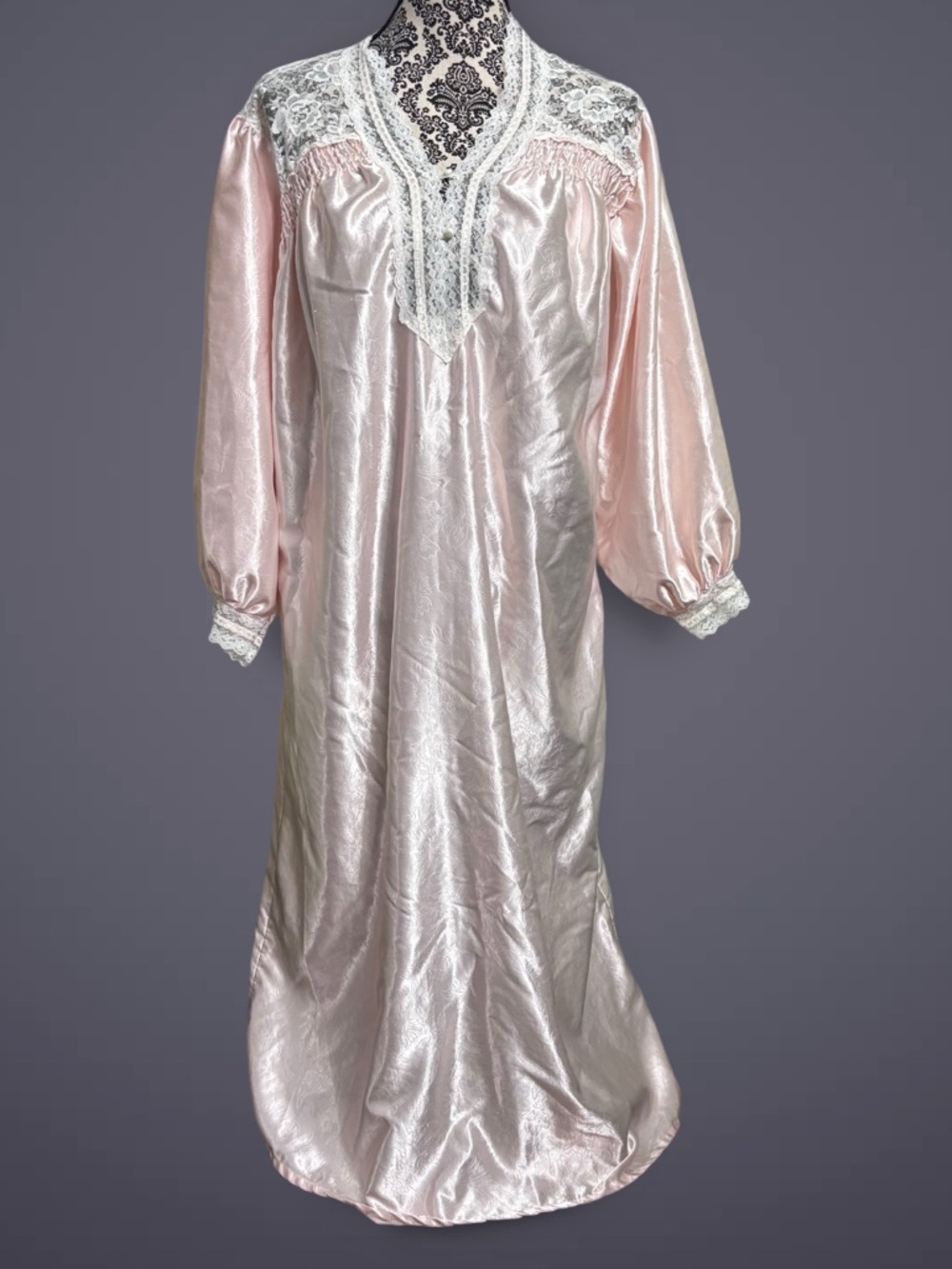 Vintage Soft Pink Satin Full Length Nightgown Lace Trim Poofy Long Sleeves L